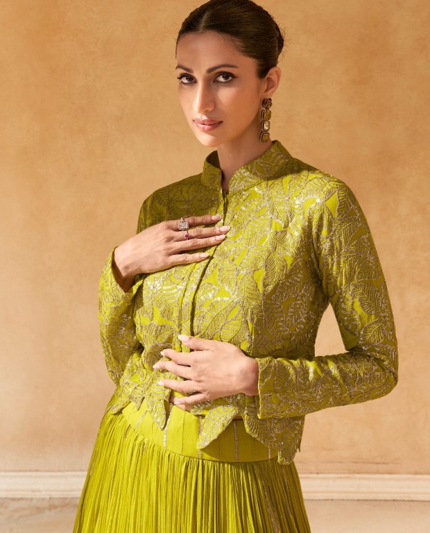 5605 - Green Designer Indo Western Party Wear Lehenga Choli REAL PREMIUM CHINON SILK / VISCOS JACQUARD SKIRT